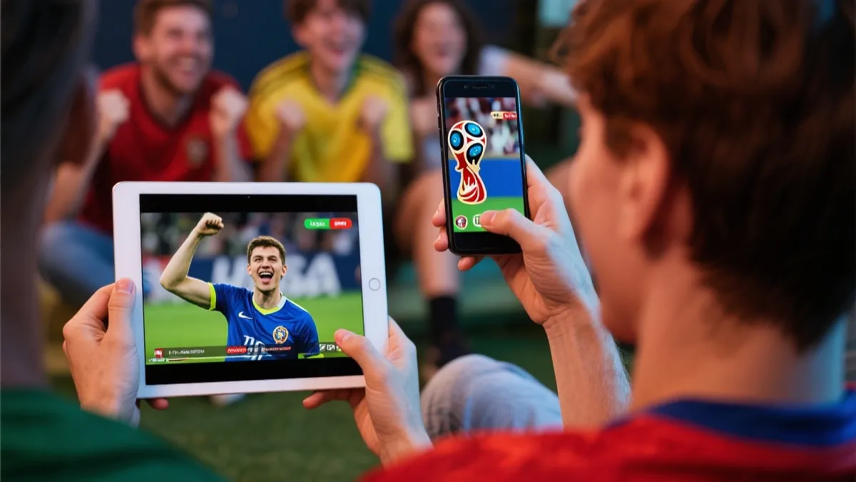 年轻球迷在手机上观看世界杯相关短视频与直播互动的场景拼贴